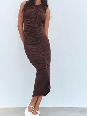 New Zara Ruched Sleeveless Midi Dress in Chocolate Brown